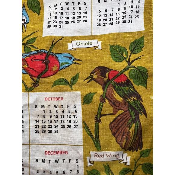 1973 Calendar Tea Towel Birds Linen Vintage Kitchen Decor Wall Hanging Textile - Picture 4 of 6